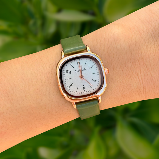 Reloj Olivo Oro Rosa Cuadro de Cuero 3i8