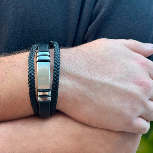 Pulsera Negra Magnética Multicapa Cuero Trenzada 1D8