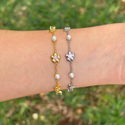 Pulsera Flor con Zirconias y Perlitas Chapa de Oro