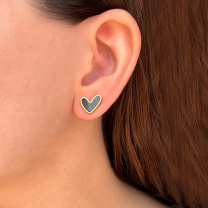 Aretes Dorados Corazón Negro Acero de Titanio  1J7
