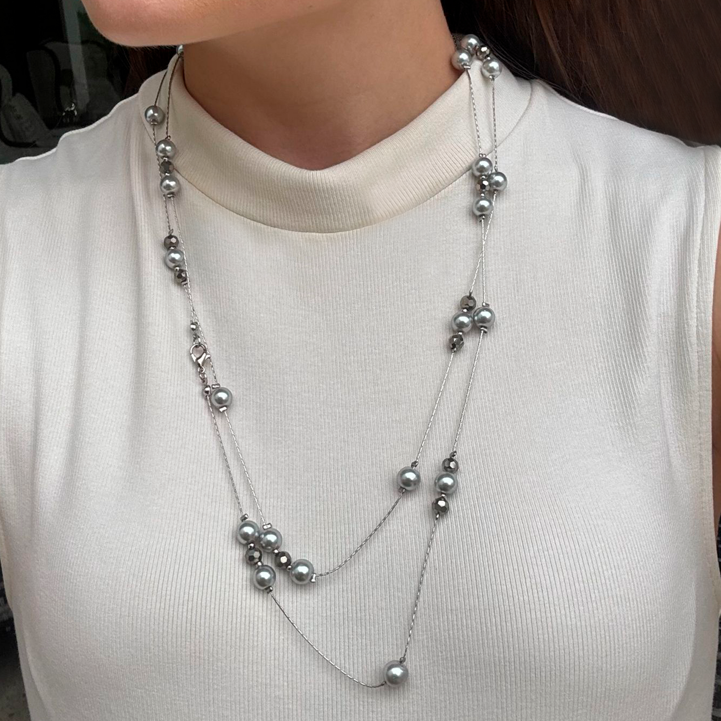 Collar Plateado Largo Perlas y Piedras 2B4