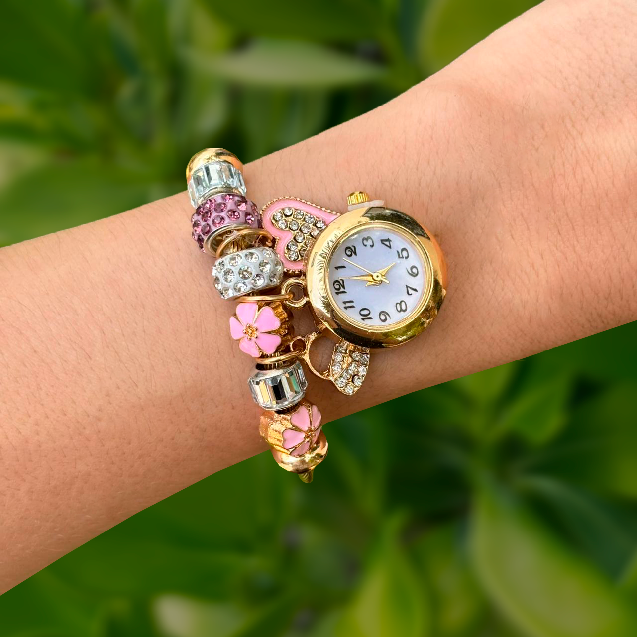 Reloj Pulsera Dorada Charms Rosa Acero Inoxidable R8