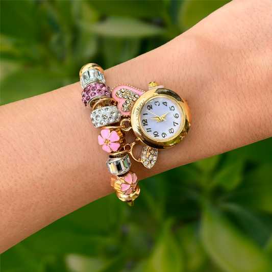 Reloj Pulsera Dorada Charms Rosa Acero Inoxidable R8