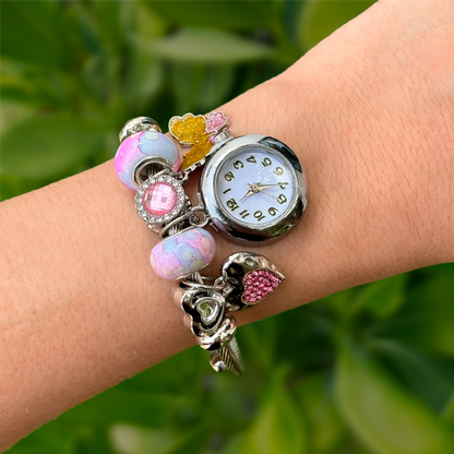 Reloj Pulsera Plateada Charms Rosa Acero Inoxidable R23