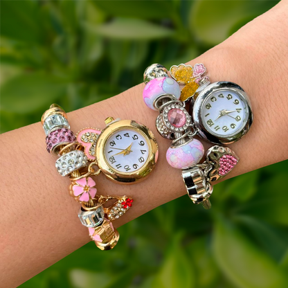 Reloj Pulsera Dorada Charms Rosa Acero Inoxidable R8