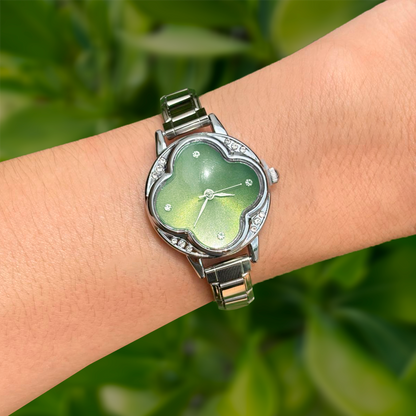 Reloj Plateado Olivo Zirconia Trebol  Acero Inoxidable Ve3