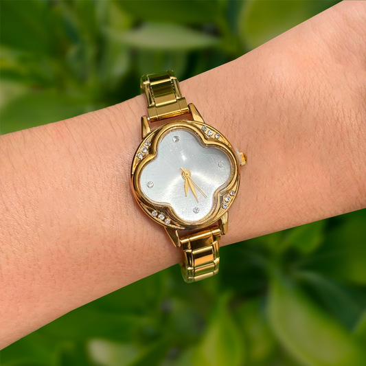 Reloj Dorado Zirconia Trebol  Acero Inoxidable R23