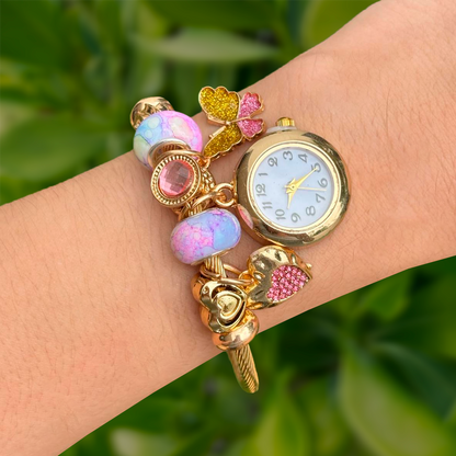 Reloj Pulsera Dorada Charms Rosa Acero Inoxidable Li1