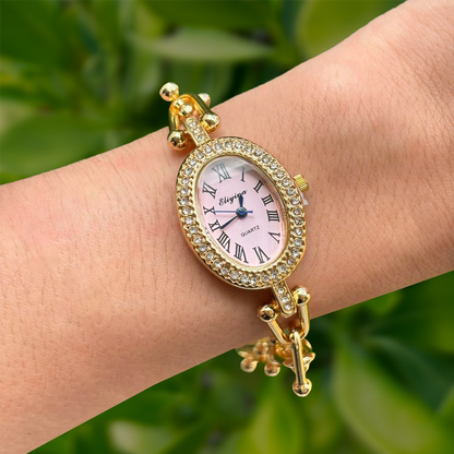 Reloj Dorado Pulsera Carátula Rosa Suave 4E4