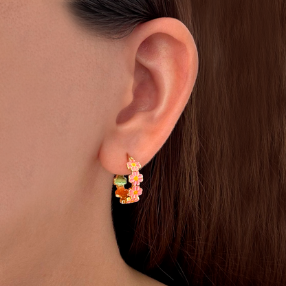 Aretes Arracada Flor Rosa Chapa de Oro  2H8