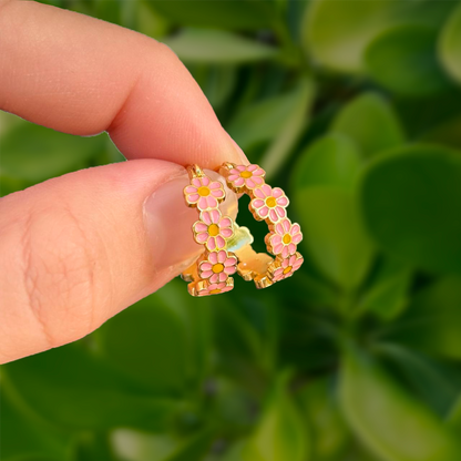 Aretes Arracada Flor Rosa Chapa de Oro  2H8