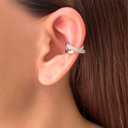 Arete Plateado Earcuff (Una Pieza) Zirconias Chapa de Oro C690