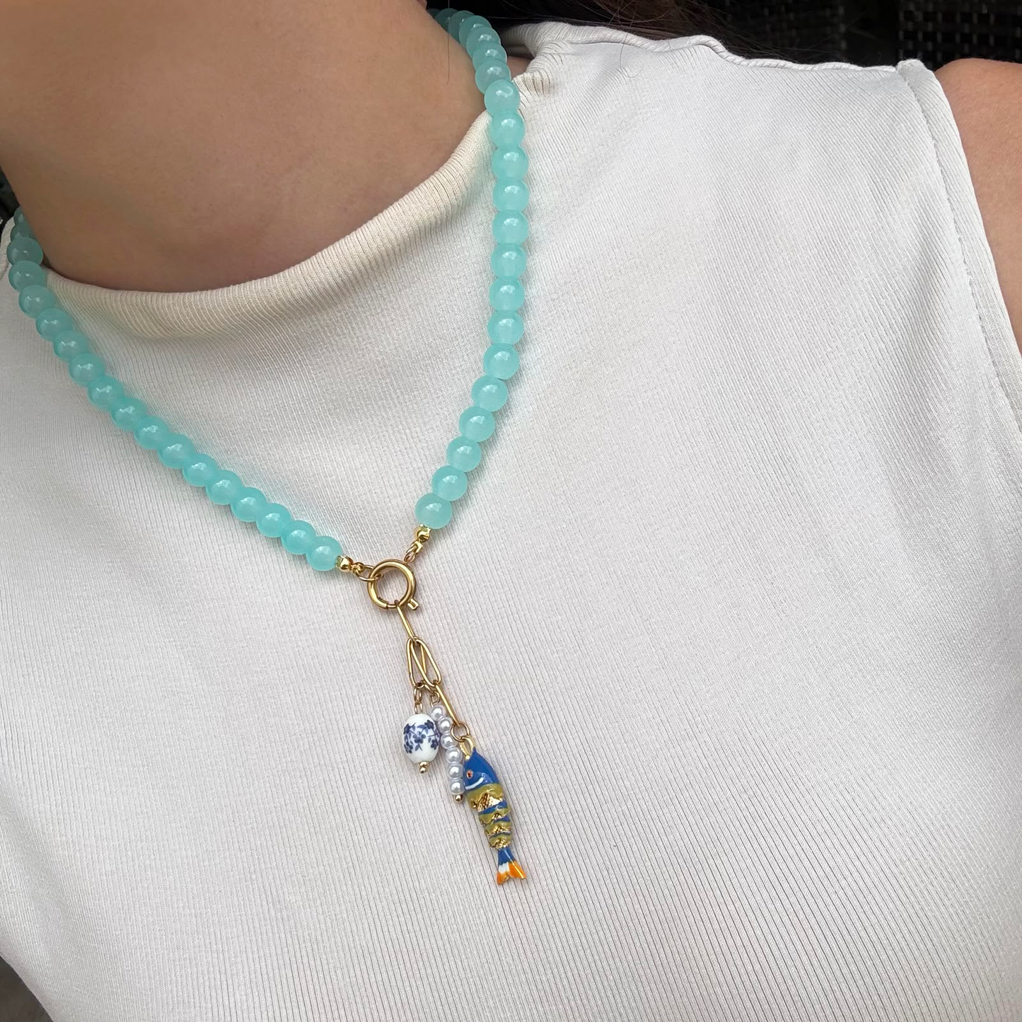 Collar Aqua Pez Bolitas Vidrio y Acero Inoxidable