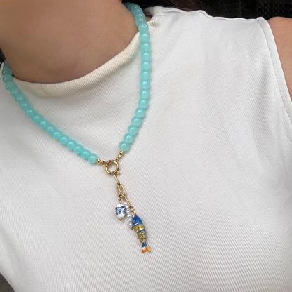 Collar Aqua Pez Bolitas Vidrio y Acero Inoxidable