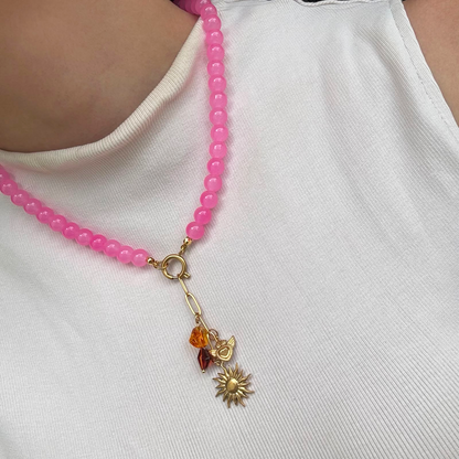 Collar Rosa Bolitas de Vidrio y Acero Inoxidable 3G4