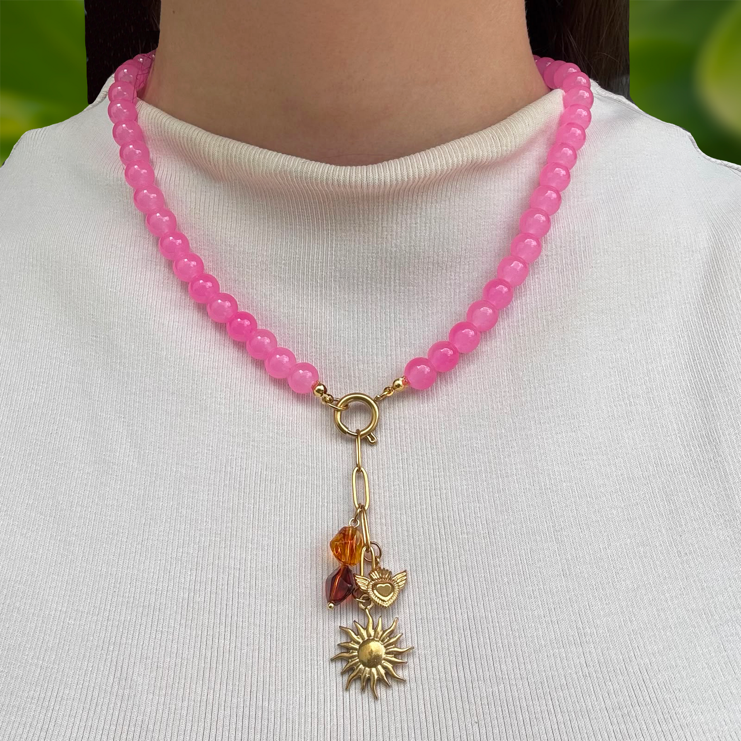 Collar Rosa Bolitas de Vidrio y Acero Inoxidable 3G4