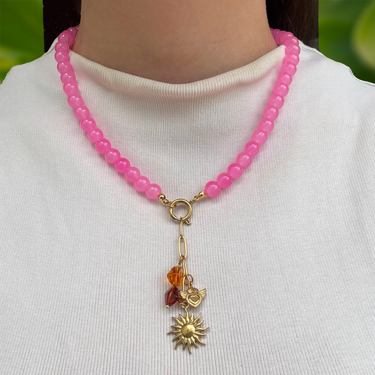 Collar Rosa Bolitas de Vidrio y Acero Inoxidable 3G4