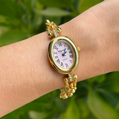 Reloj Dorado Pulsera Carátula Rosa Suave 4E30