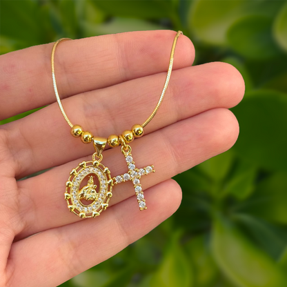 Collar Dorado Cruz y Virgen María Chapa de Oro