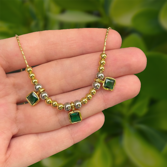 Collar Dorado Bolitas y Cuadritos Verde Chapa de Oro C643