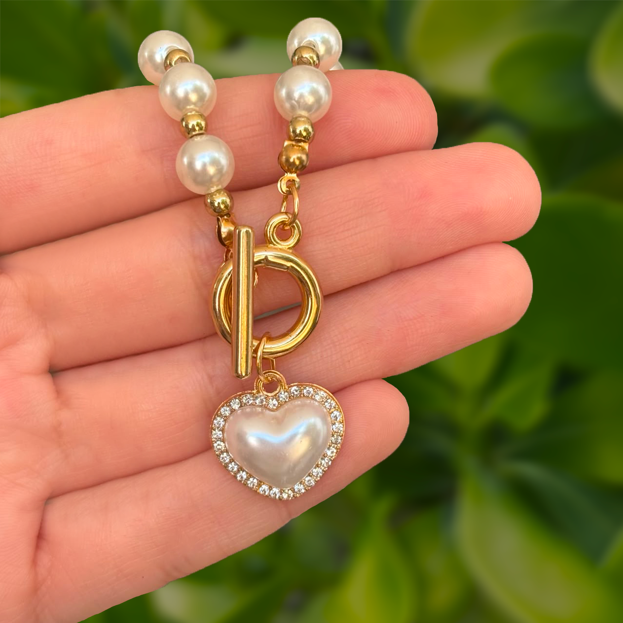 Collar Dorado Perlas Corazon Brillante