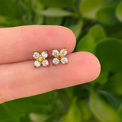 Aretes Dorados Trebol Zirconia Blanca Acero Inoxidable