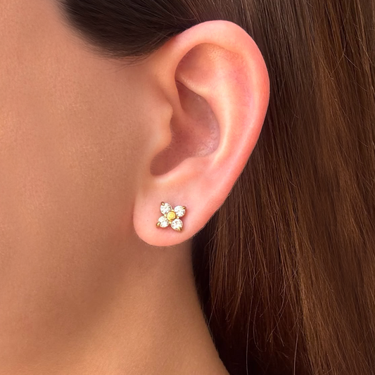 Aretes Dorados Trebol Zirconia Blanca Acero Inoxidable