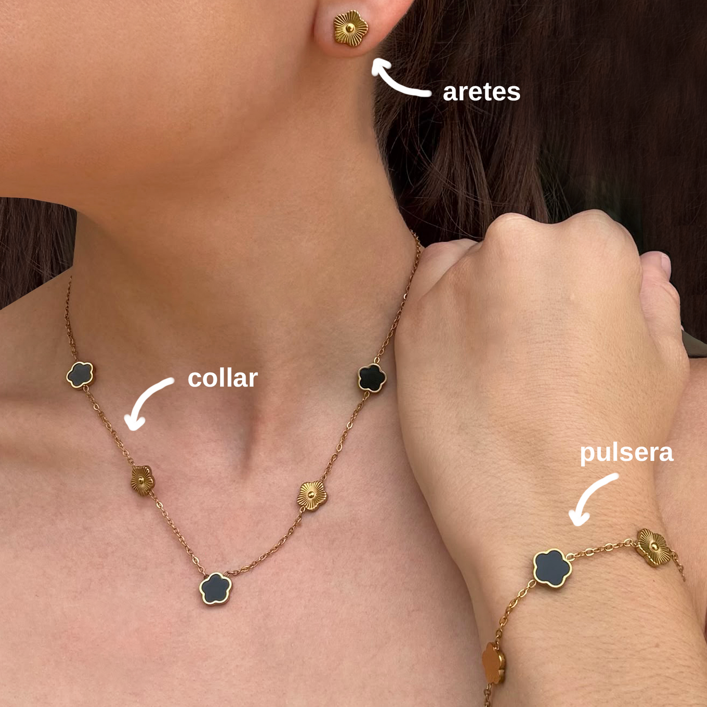Collar Dorado Trebol Negro Acero Inoxidable