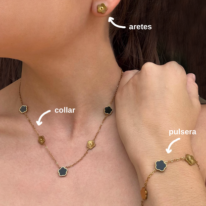 Collar Dorado Trebol Negro Acero Inoxidable