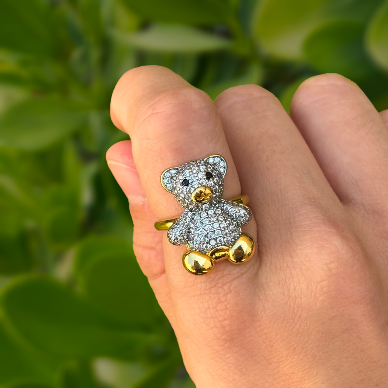 Anillo Dorado Oso Brillante Chapa de Oro