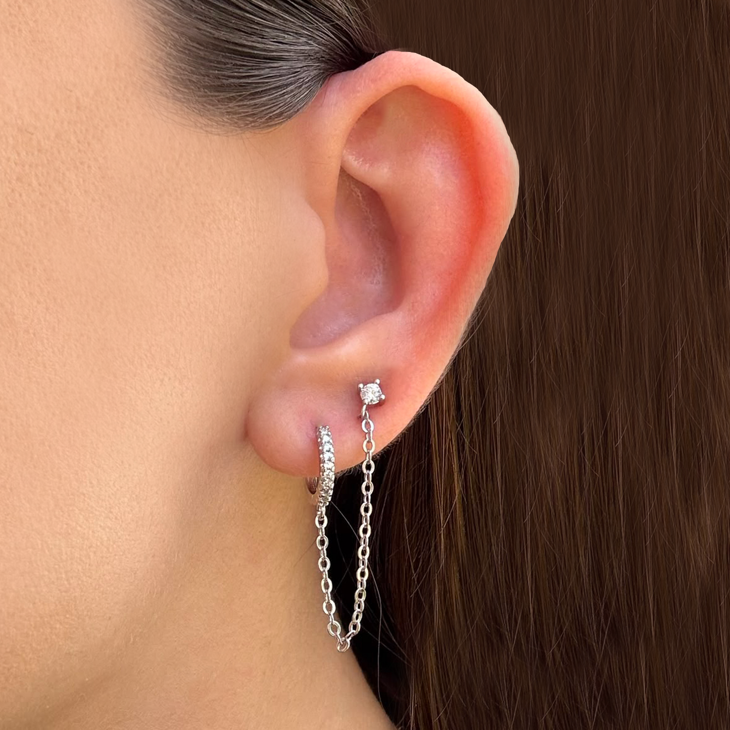 Arete Plateado Cadena y Zirconias 1Pz Chapa de Oro