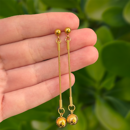 Aretes  Dorado Largo Bolita  Acero Titanio