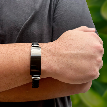 Pulsera Negra Placa Plateada Hombre