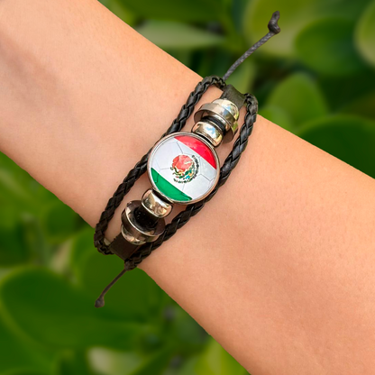 Pulsera Negra Mexico Caballero Cuero y Acero Inoxidable