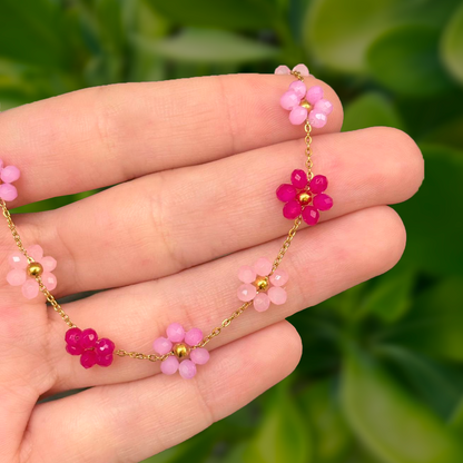 Collar Dorado Flores Rosadas Cristal Acero Inisxidable