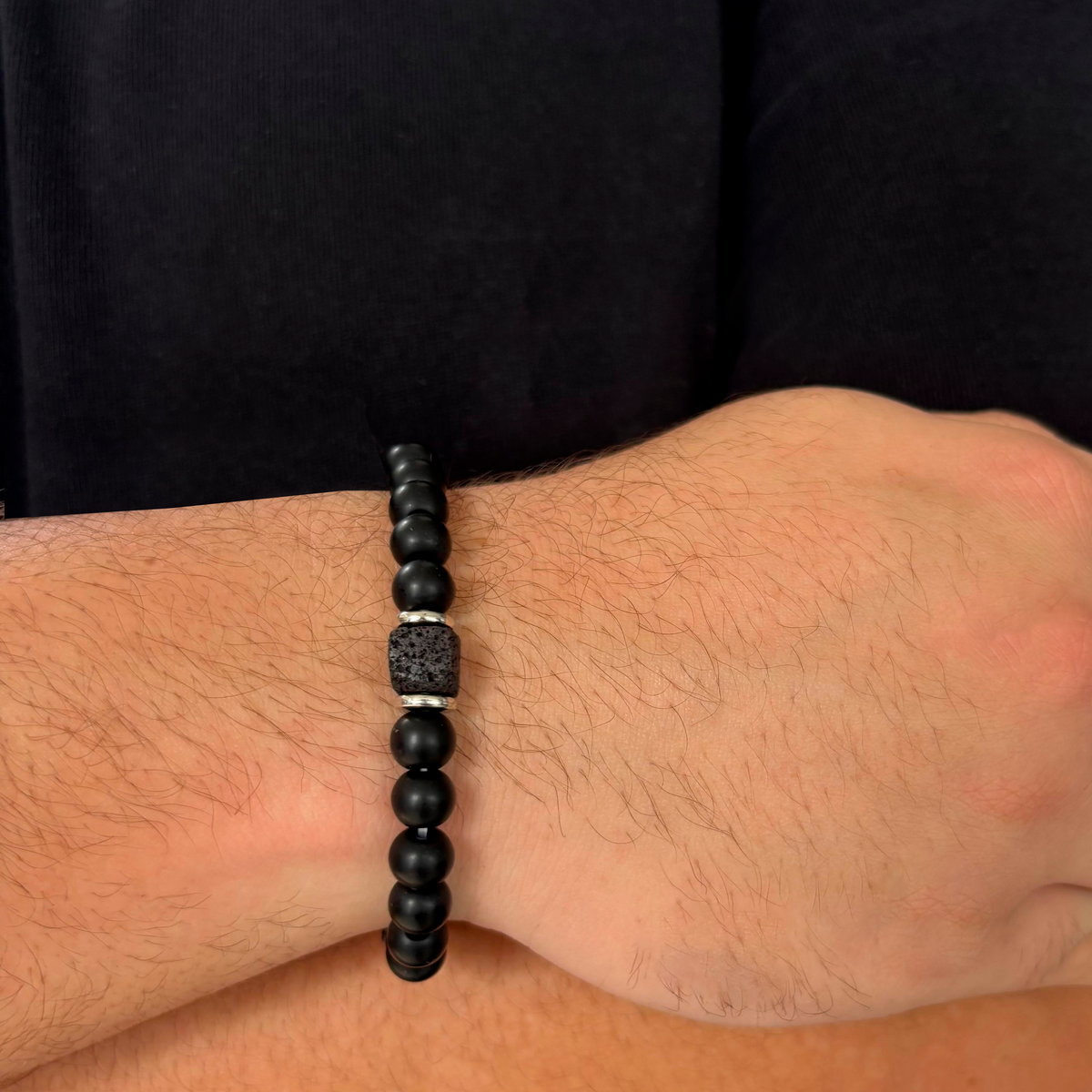 Pulsera Bolas De Piedras Negras Cubo Caballero