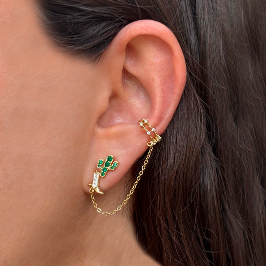 Set Aretes 3pz Doradas Cactus Bota Cadena Chapa de Oro