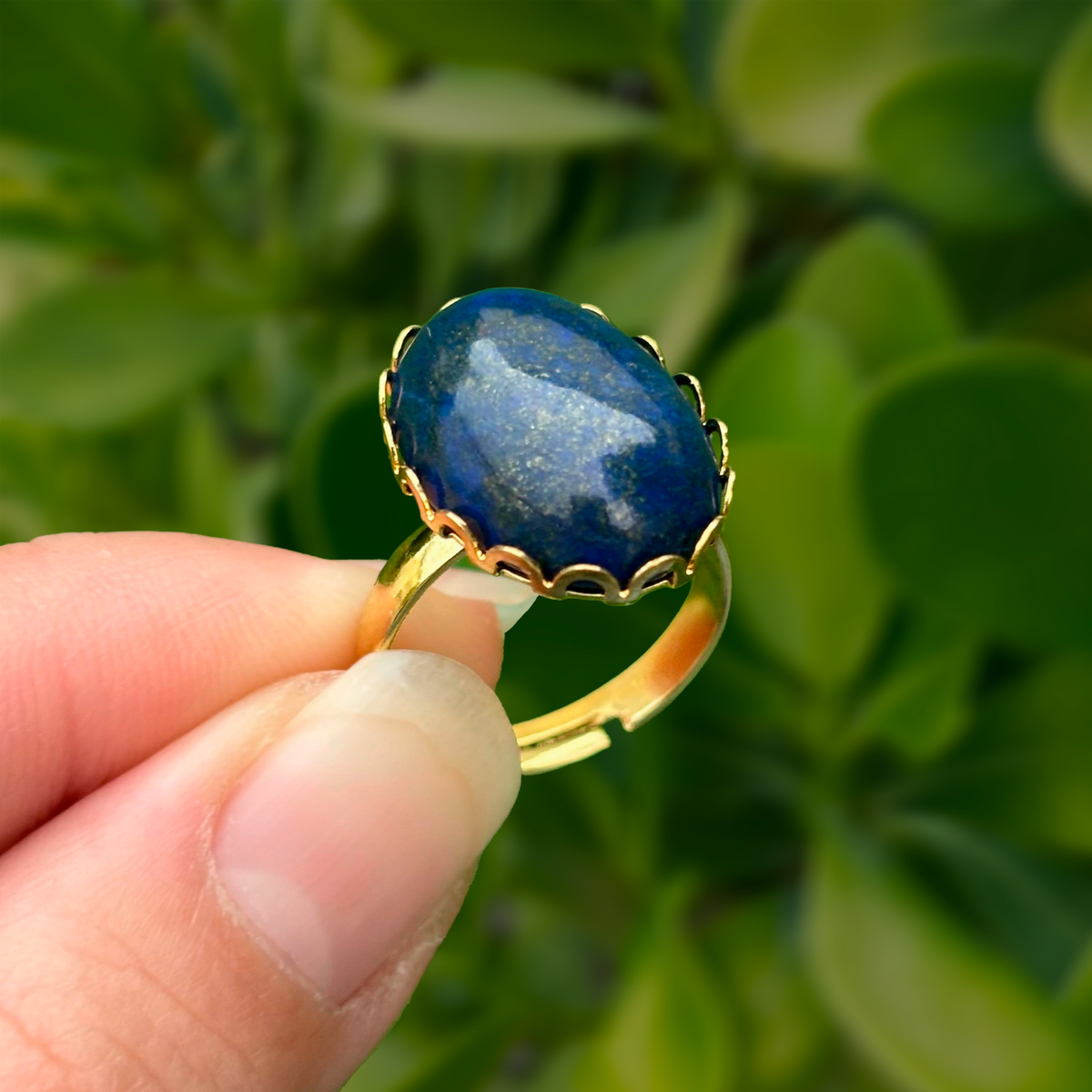Anillo Dorado Piedra Azul Ajustable Acero Inoxidable