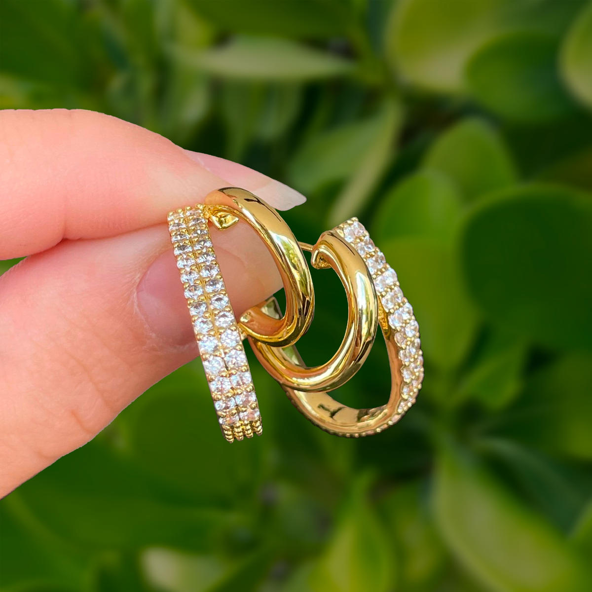Aretes Dorados Arracada Doble Zirconias Chapa de Oro