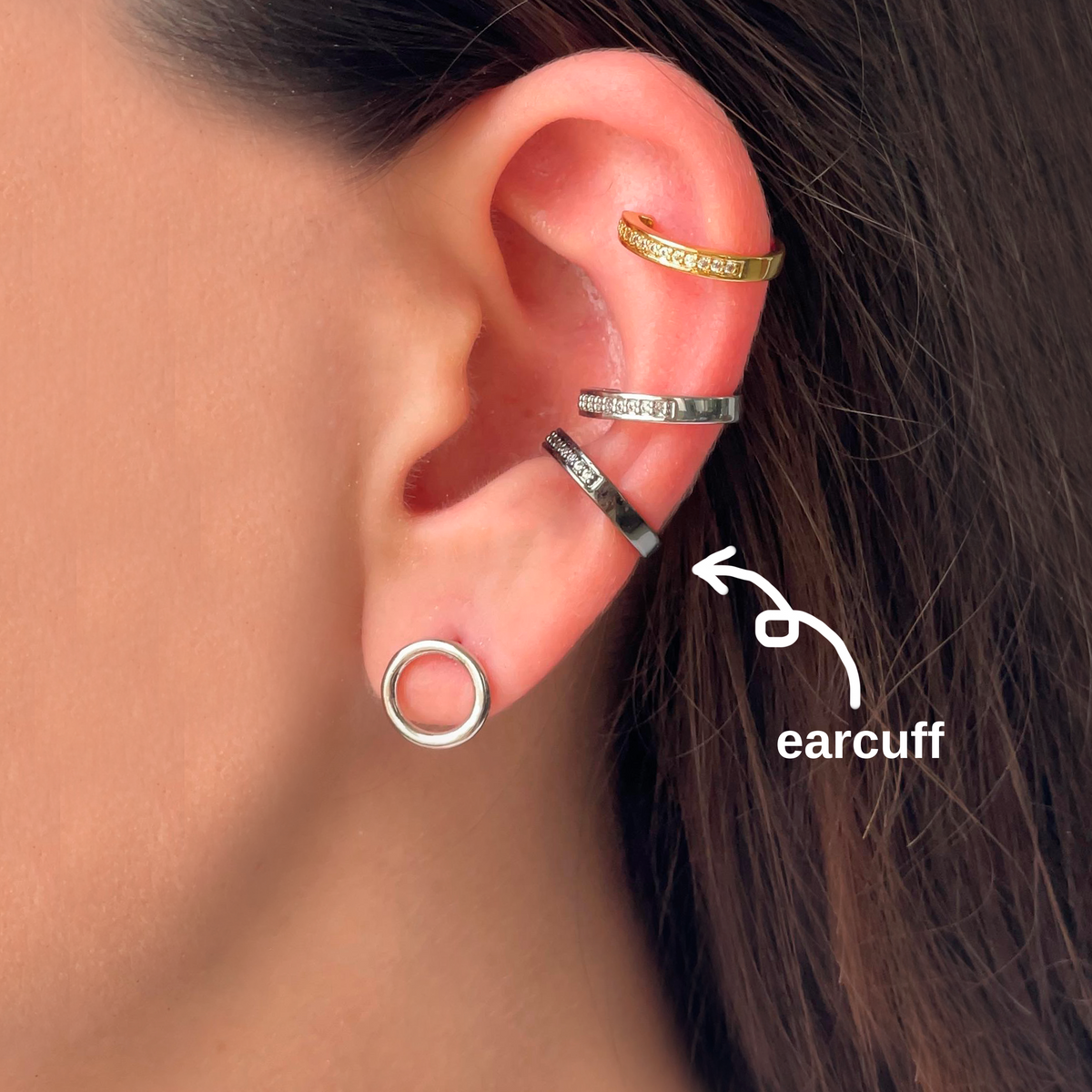 Aretes Earcuff Plateada con Zirconias Chapa de Oro