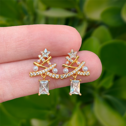Aretes Dorados Arbol Navidad de Plata y Zirconias