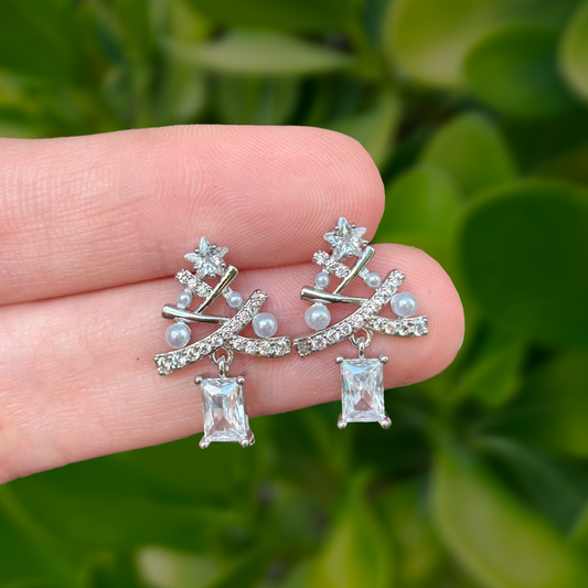 Aretes Plateados Arbol Navidad de Plata y Zirconias
