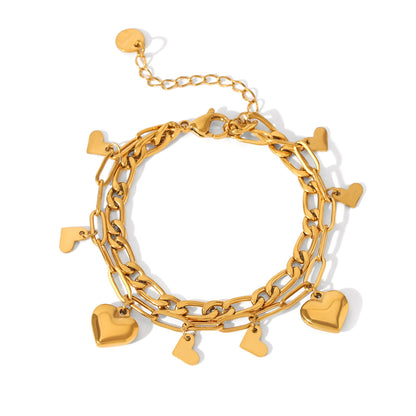 Pulsera Doble Cadena Corazones Acero Inoxidable LU