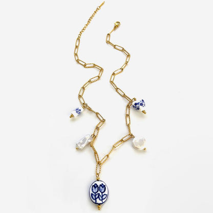 Collar Charms Cerámica Flor Azul  Acero Inoxidable 1M2