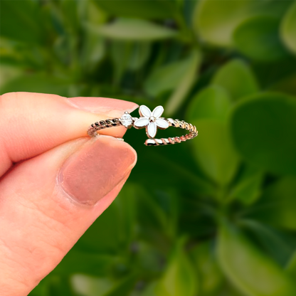 Anillo Plateado Flor y Zirconia Ajustable Chapa de Oro Az162