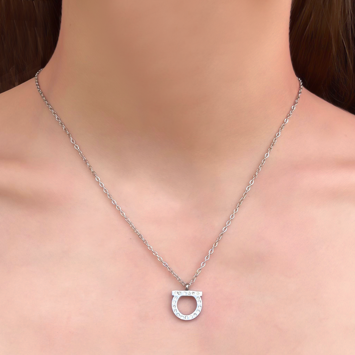 Collar Plateado Semi Zirconias Circulo Acero Inoxidable