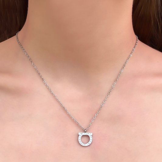 Collar Plateado Semi Zirconias Circulo Acero Inoxidable