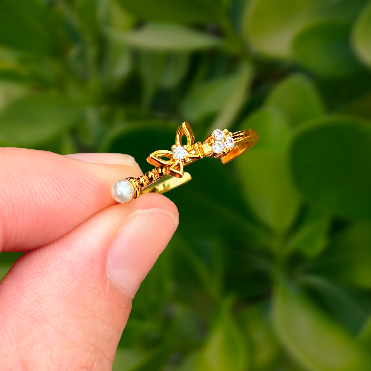 Anillo Mariposa Con Perla Dorado Ajustable Chapa de Oro Az43