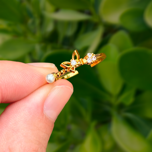 Anillo Mariposa Con Perla Dorado Ajustable Chapa de Oro Az43