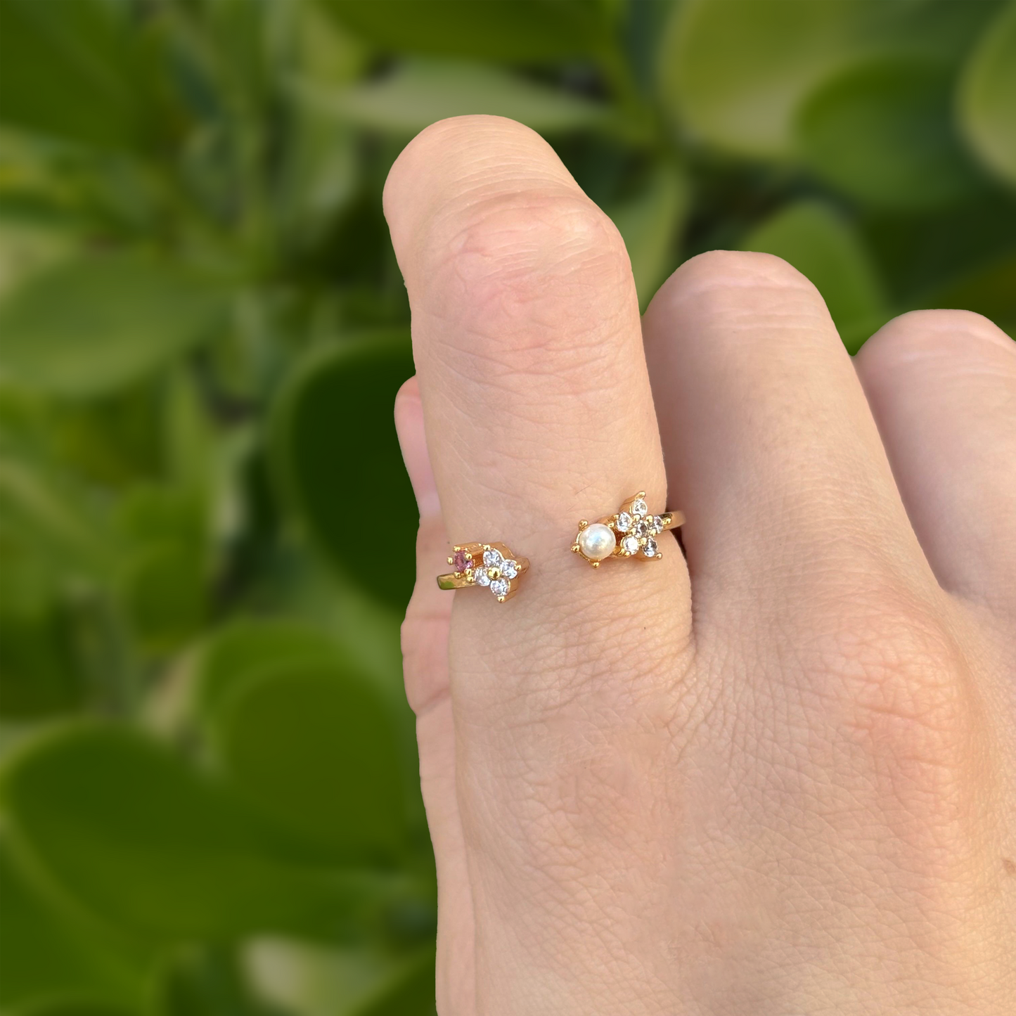 Anillo Dorado Perla y Zirconias Ajustable Chapa de Oro Az78